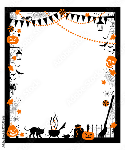 Happy Halloween. Black frame with black and orange halloween scary objects. Vector illustration.	
