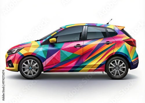 Vibrant colorful car wrap design featuring abstract geometric shapes and diagonal lines creating a dynamic high-impact