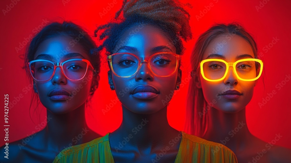 Three Women in Neon Glasses Generative AI Three Women in Neon Glasses Generative AI