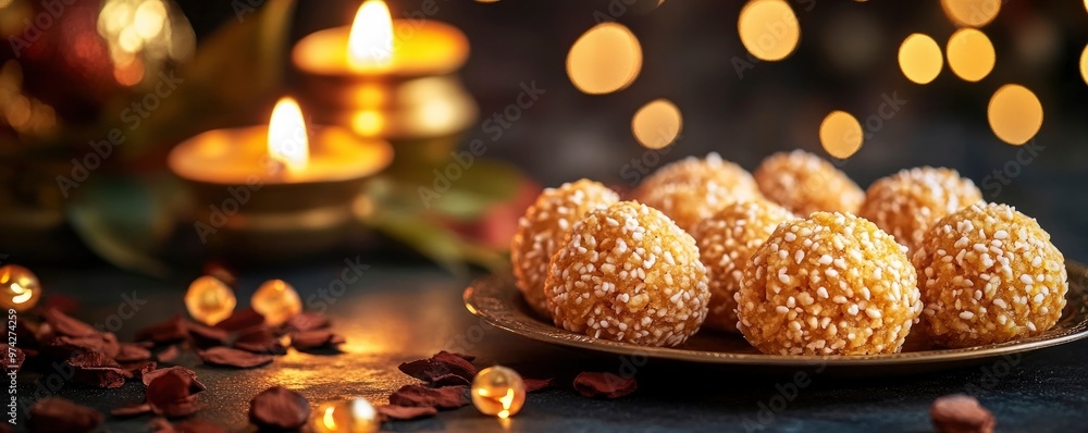 Indian Traditional Diwali sweets Motichoor laddoo, Happy Diwali, festive atmosphere, place for text Indian Traditional Diwali sweets Motichoor laddoo, Happy Diwali, festive atmosphere, place for text