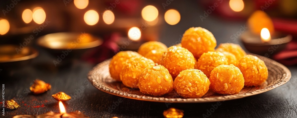 Indian Traditional Diwali sweets Motichoor laddoo, Happy Diwali, festive atmosphere, place for text Indian Traditional Diwali sweets Motichoor laddoo, Happy Diwali, festive atmosphere, place for text