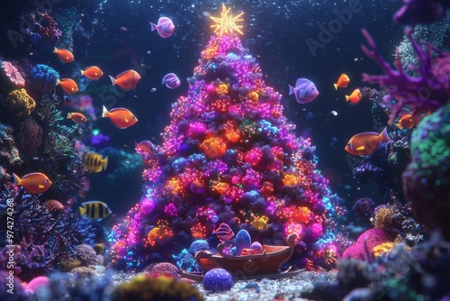 Underwater Christmas tree surrounded by colorful marine life and coral reef