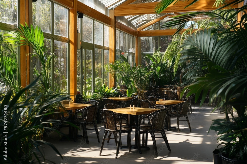 Obraz premium A spacious greenhouse styled café filled with lush green plants, featuring wooden tables and chairs, illuminated by warm natural sunlight streaming through large windows.