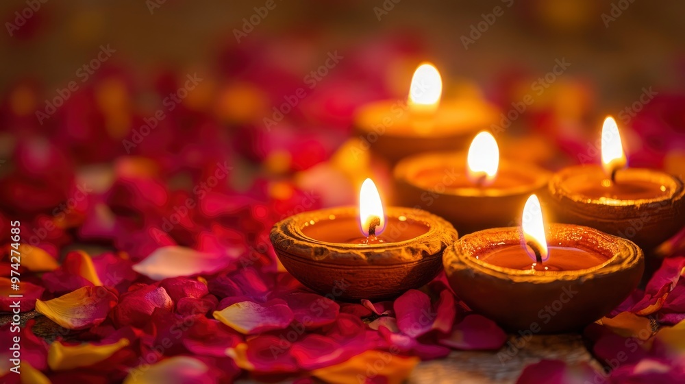 Lit Diyas and Flower Petals, Happy Diwali, festive atmosphere, place for text Lit Diyas and Flower Petals, Happy Diwali, festive atmosphere, place for text