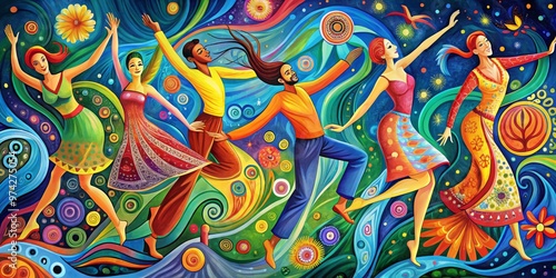 Vibrant, colorful illustration of stylized dancing figures in various poses, surrounded by swirling shapes and