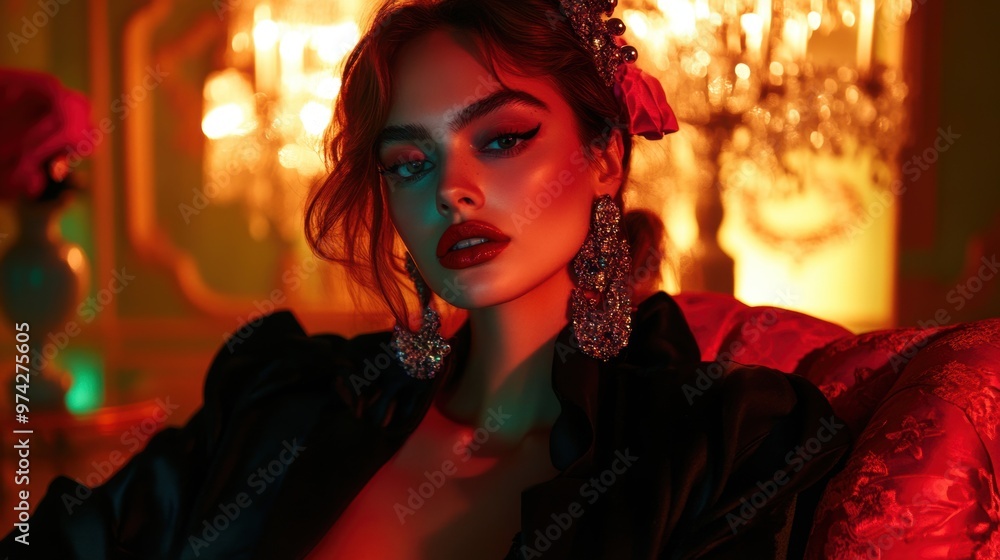 Fototapeta premium A glamorous model in a vintage-inspired outfit poses in a retro-styled room