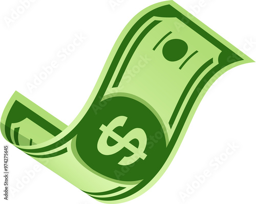 Flying cartoon money banknote, falling dollar cash