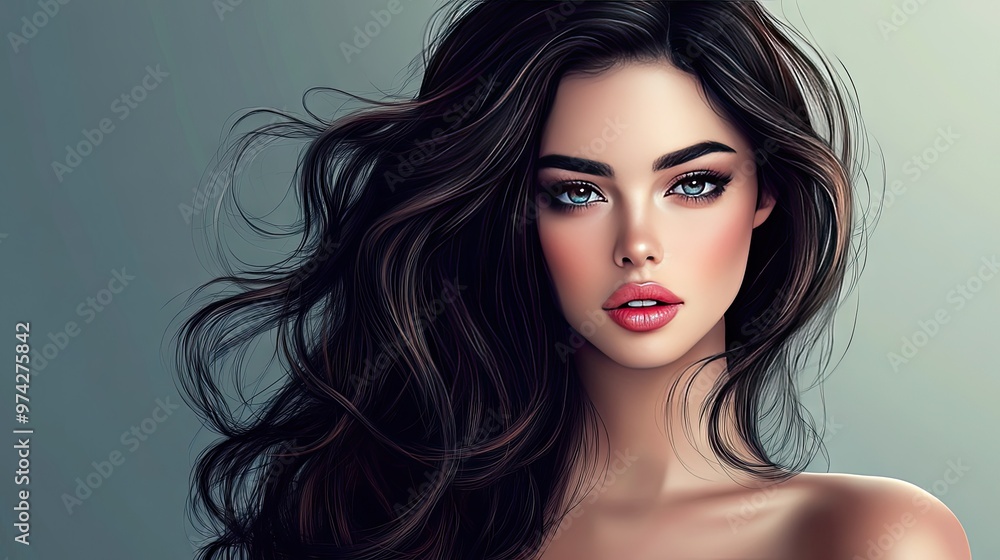 Fototapeta premium Beautiful woman with dark, wavy hair, exuding elegance and style, ideal for beauty, fashion