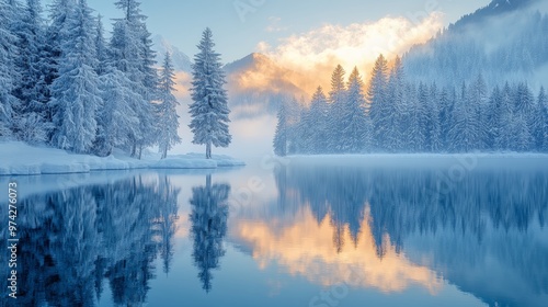 Snow-covered pine tree in serene winter mountain landscape