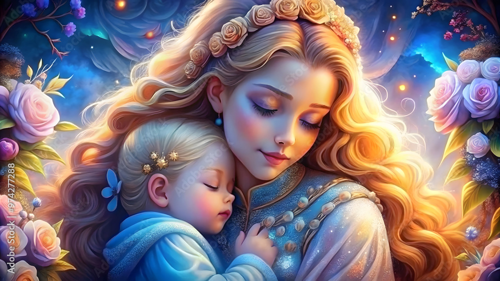 Mother tenderly holding her sleeping baby surrounded by soft light and flowers Mother tenderly holding her sleeping baby surrounded by soft light and flowers