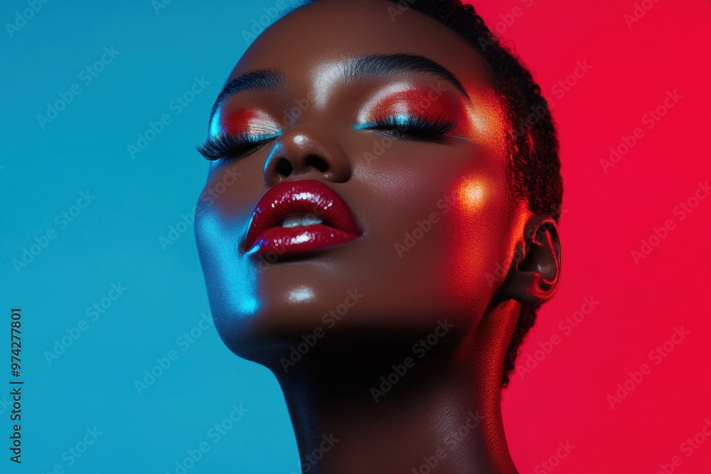 A model poses for a beauty brand, showcasing vibrant lip colors and bold eyeshadow A model poses for a beauty brand, showcasing vibrant lip colors and bold eyeshadow