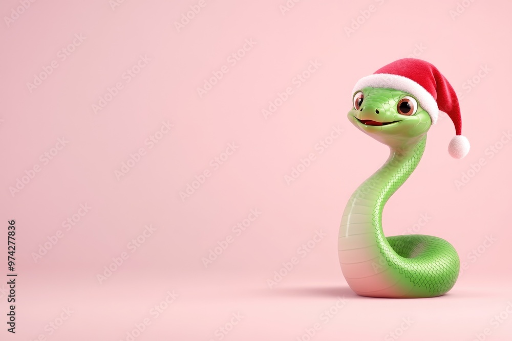 Fototapeta premium Festive Green Snake Wearing a Santa Hat - Adorable Christmas Character for Holiday Design
