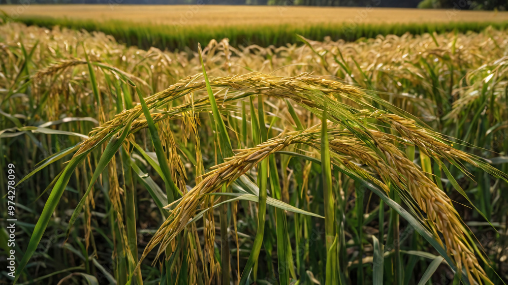 Fototapeta premium Mature Rice Grains Set Against a Backdrop of Lush Greenery, Golden Rice Grains Amidst Rich Green Vegetation