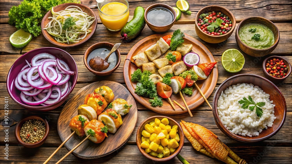 Vibrant colors and mouthwatering aromas of traditional Peruvian cuisine, featuring a variety of dishes including Vibrant colors and mouthwatering aromas of traditional Peruvian cuisine, featuring a variety of dishes including