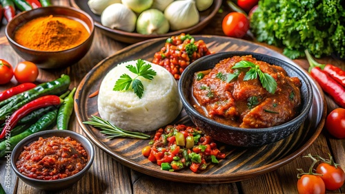 Vibrant colors and tantalizing aromas abound in this traditional Ghanaian spread, featuring fufu, banku, and spicy