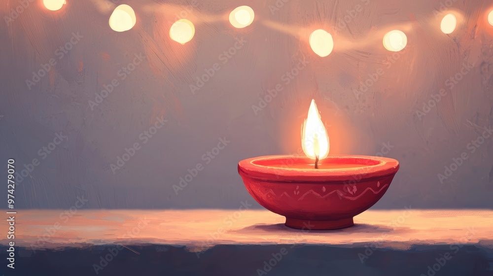A red candle is lit in a small red bowl A red candle is lit in a small red bowl