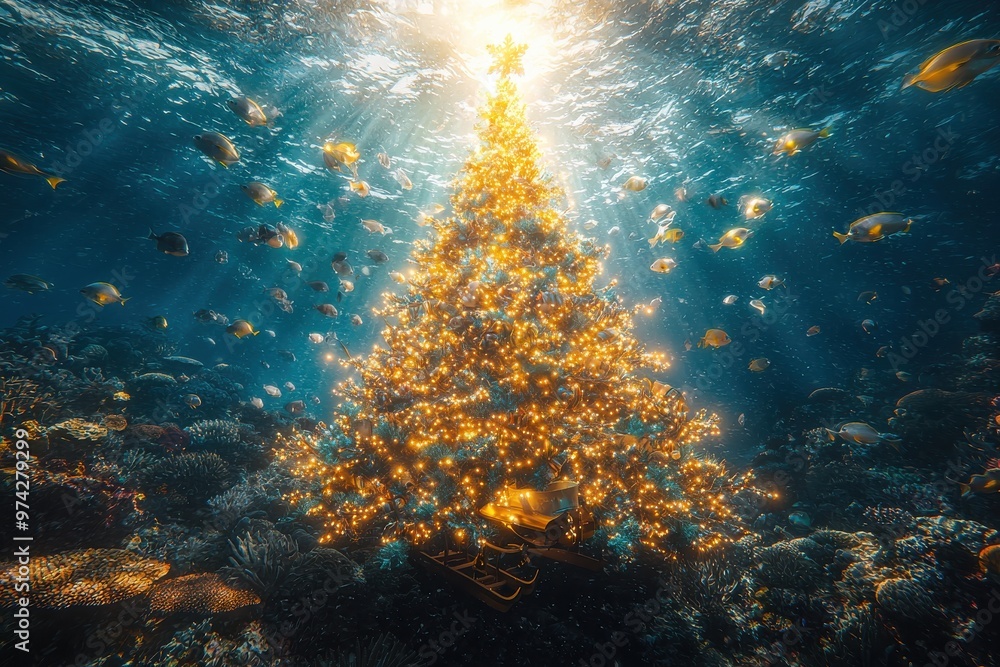 Obraz premium Underwater Christmas tree with tropical fish, coral reef, and sunlight in ocean