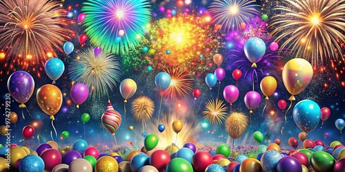 Vibrant confetti and balloons fill the air as colorful 3D fireworks explode in a whimsical illustration, celebrating