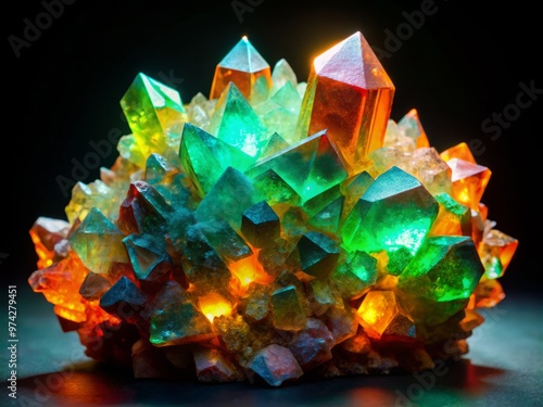 Vibrant, crystal formations of adamite mineral specimens glow with an otherworldly light, showcasing a mesmerizing photo