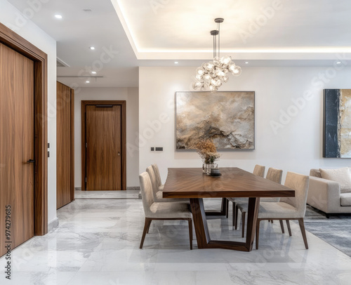 Modern living room with wooden door and marble floor  and wooden table. Created with Ai 