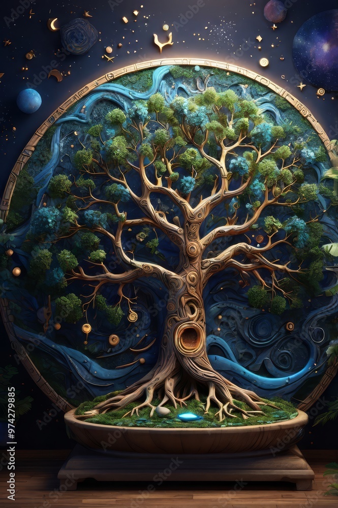Fototapeta premium A cosmic tree of life towering majestically against a backdrop of swirling galaxies and stars, its branches intertwined with constellations and planets. This awe-inspiring painting features intricate 