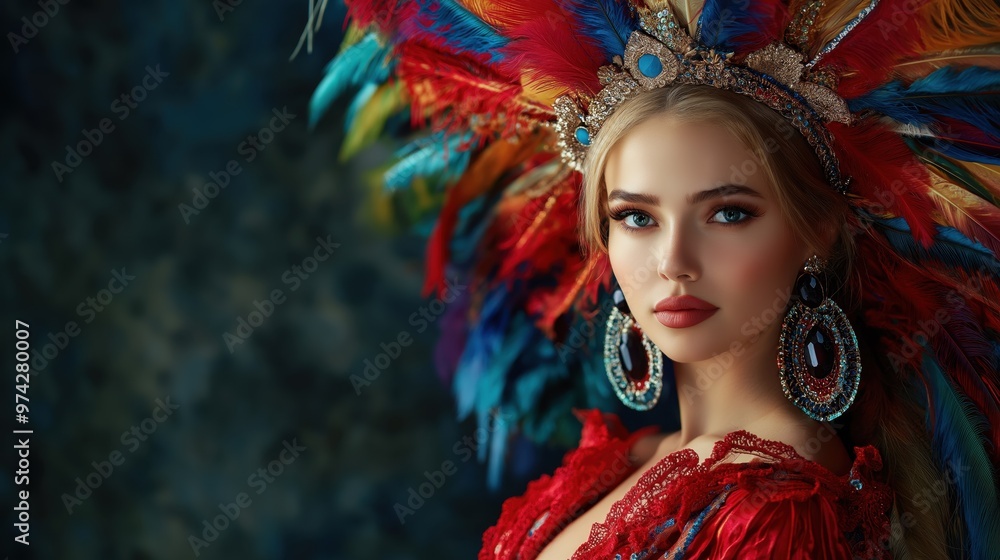 Elegant Woman in Vibrant Carnival Costume with Feathers and Jewels Elegant Woman in Vibrant Carnival Costume with Feathers and Jewels
