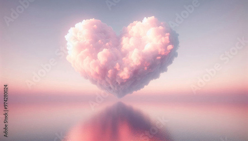 serene sunrise over a calm sea, a heart-shaped cloud in the most delicate shades of pink floats in the sky
