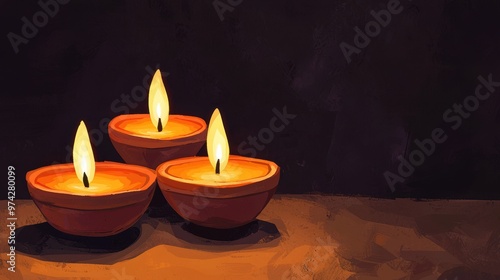 Three candles are lit on a table