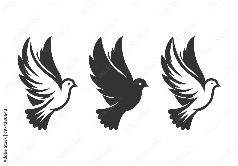 Obraz premium Dove silhouettes icon set. Black silhouette set of pigeons. Vector flying doves 