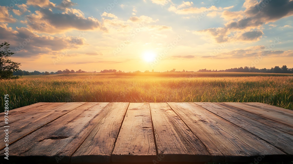 Wooden Tabletop with Sunset and Field Background Wooden Tabletop with Sunset and Field Background