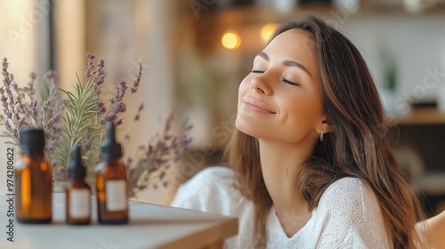 Woman Enjoying Relaxing Aromatherapy with Essential Oils and Lavender