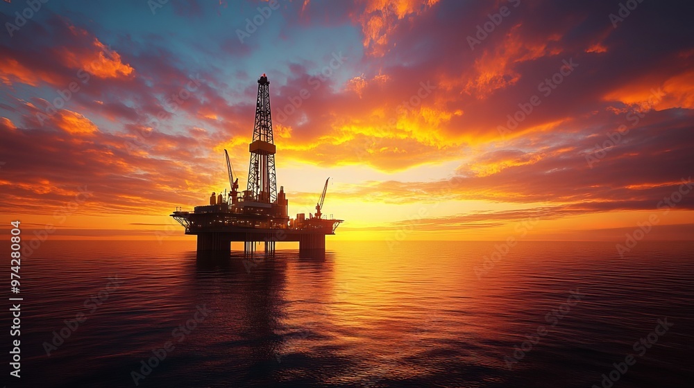 Offshore drilling with a jack-up rig, captured at sunset. Offshore drilling with a jack-up rig, captured at sunset.