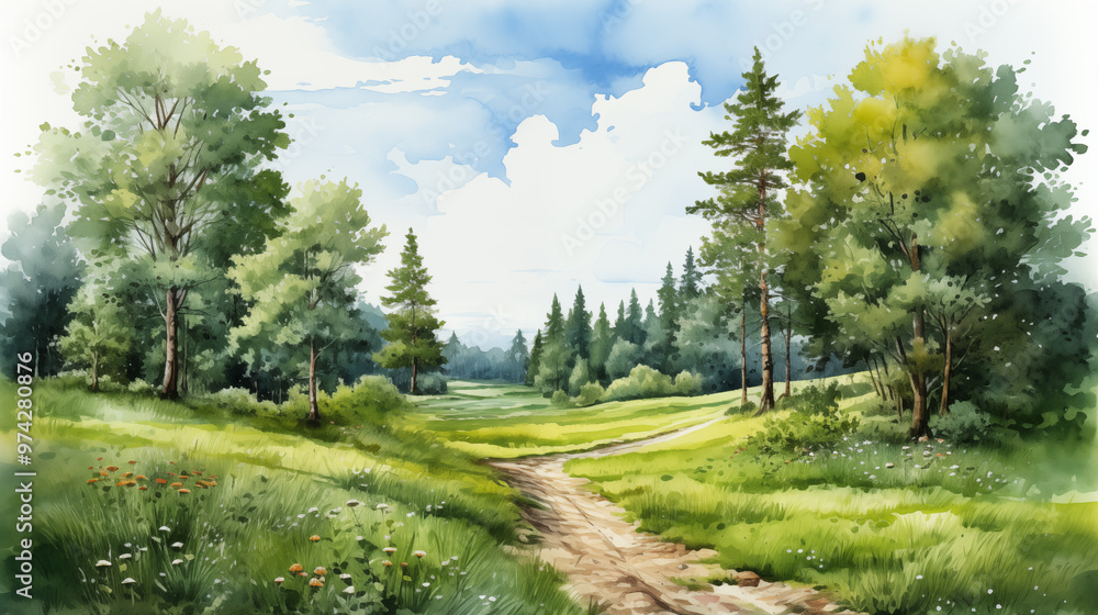 Naklejka premium watercolor green field landscape background with trees and blue sky.