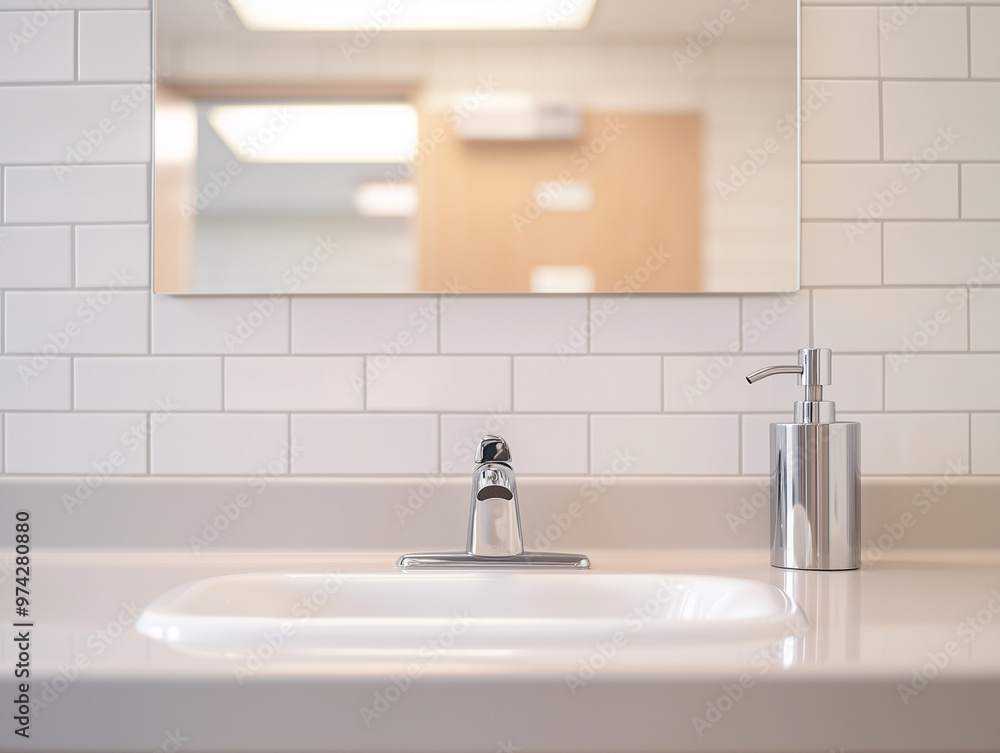 A clean school bathroom with a modern sink, soap dispenser, and mirror A clean school bathroom with a modern sink, soap dispenser, and mirror