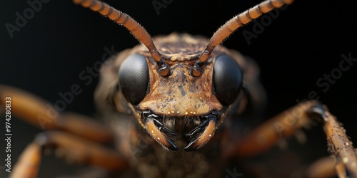 Extreme macro shot of a bug’s head highlighting compound eyes and mandibles in sharp detail photo