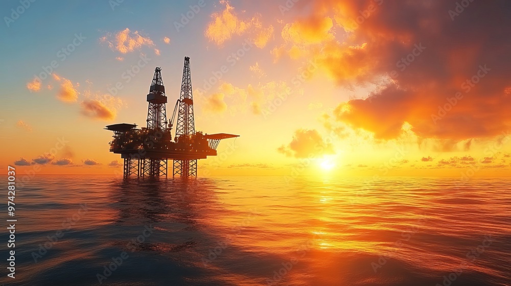 Offshore drilling with a jack-up rig, captured at sunset. Offshore drilling with a jack-up rig, captured at sunset.