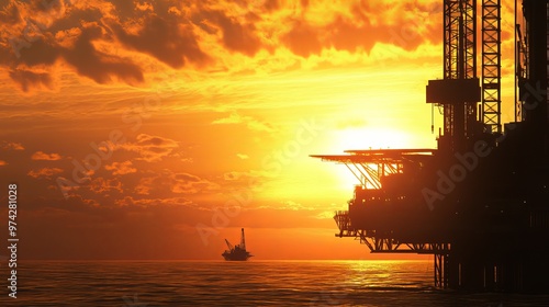 Offshore drilling with a jack-up rig, captured at sunset.