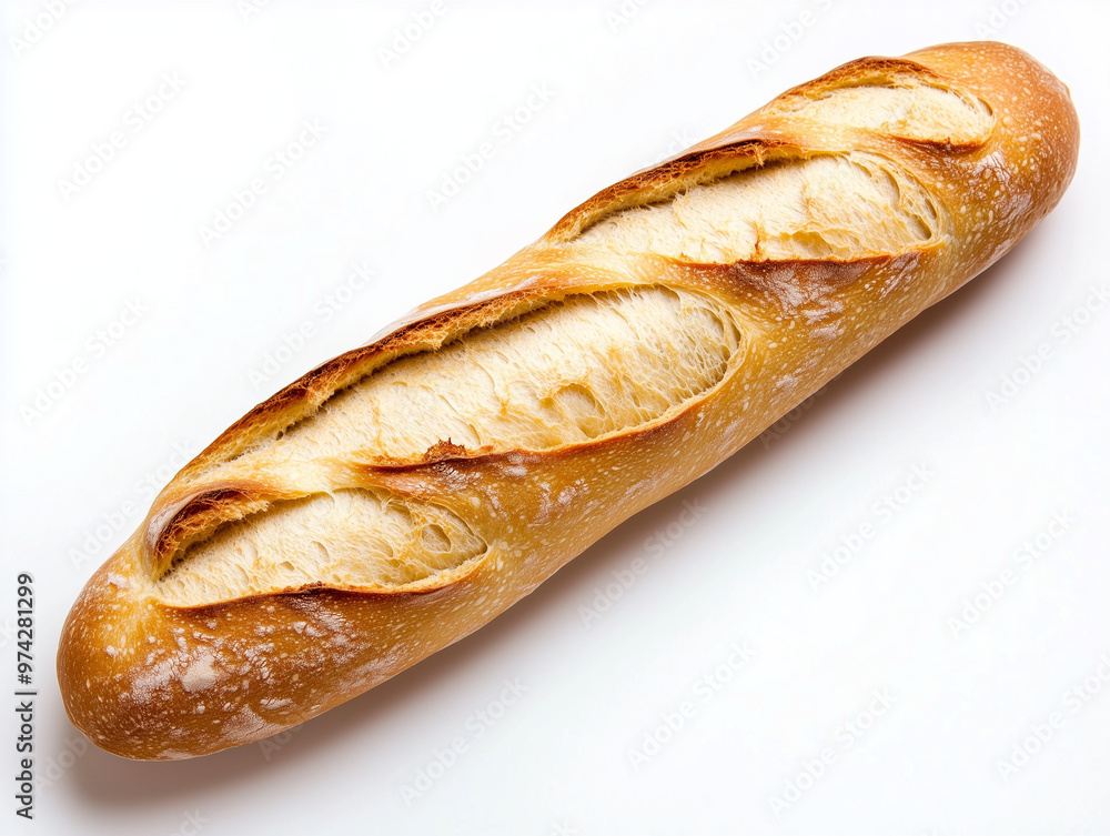 A long, thin French bread with a crispy crust and chewy inside, top view A long, thin French bread with a crispy crust and chewy inside, top view