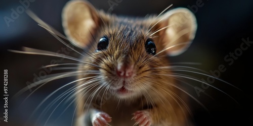 Ultra-close macro of a mouse's face with detailed whiskers and fur against a soft, dark background