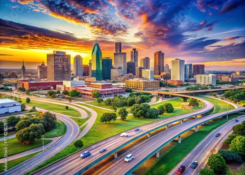 Vibrant digital illustration of Fort Worth, Texas, featuring major highways, landmarks, and neighborhoods, highlighting