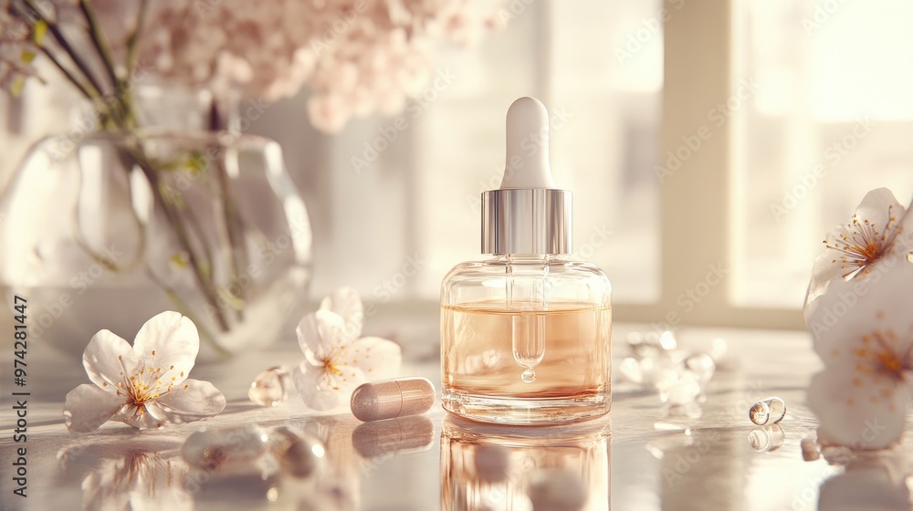 Collagen serum and hyaluronic acid in a 3D-rendered skincare ad, featuring vitamins and science-based solutions Collagen serum and hyaluronic acid in a 3D-rendered skincare ad, featuring vitamins and science-based solutions