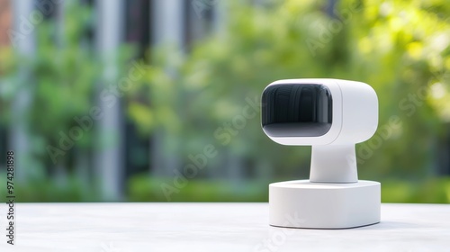 Compact LiDAR scanner device for 3D scanning Close-up of a compact LiDAR scanner designed for 3D scanning and mapping applications, placed on a modern surface with a blurred outdoor background