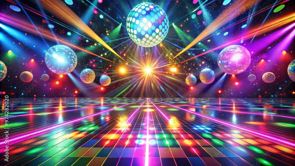 Vibrant disco lights swirl in a mesmerizing dance floor background, featuring a kaleidoscope of colors, flashing beams, Vibrant disco lights swirl in a mesmerizing dance floor background, featuring a kaleidoscope of colors, flashing beams,