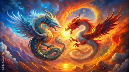 Vibrant dragon and phoenix entwined in a fiery Dance of Yin and Yang, surrounded by swirling clouds, flames,