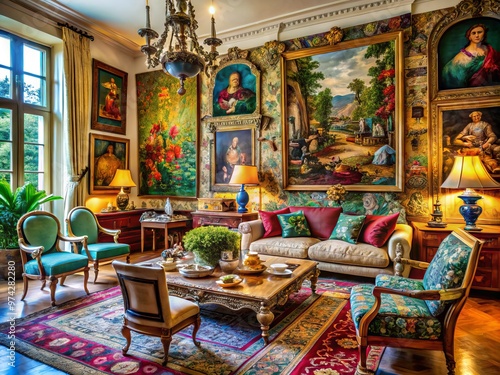 Vibrant eclectic living room with ornate antique furniture, colorful tapestries, and eclectic artwork, blending vintage