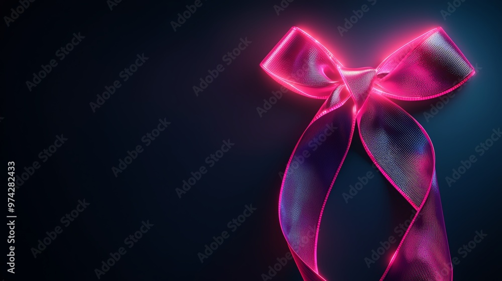 Glowing pink ribbon, elegant neon effect, breast cancer symbol, 3D illustration Glowing pink ribbon, elegant neon effect, breast cancer symbol, 3D illustration