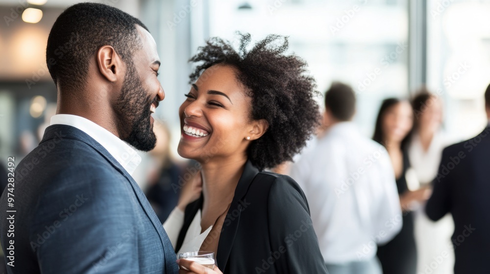 Couple sharing a discreet smile during a work break in a modern office, with blurred colleagues in the background, symbolizing the subtle chemistry of workplace romance. Couple sharing a discreet smile during a work break in a modern office, with blurred colleagues in the background, symbolizing the subtle chemistry of workplace romance.