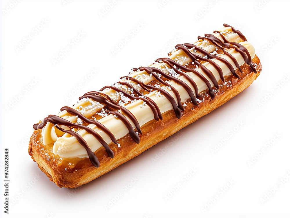 Eclair, top view, studio lighting, high-resolution photography, white background. Eclair, top view, studio lighting, high-resolution photography, white background.