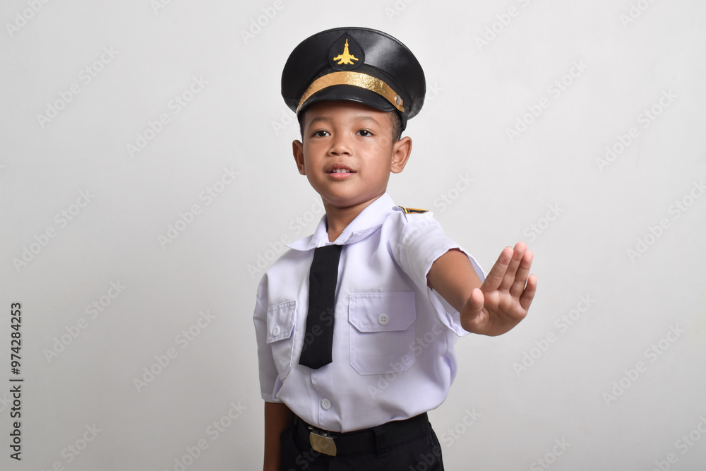 Little Asian boy Airplane pilot isolated on white background making stop gesture. Little boy dreams of becoming an airplane pilot. Little Asian boy Airplane pilot isolated on white background making stop gesture. Little boy dreams of becoming an airplane pilot.