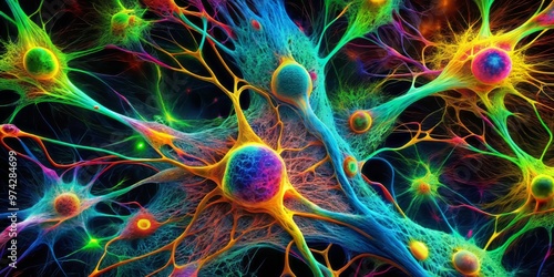 Vibrant fluorescent microscopic image of cytoskeleton filaments in a living cell, showcasing intricate network of photo